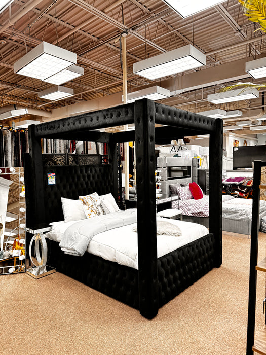 Black Velvet Canopy King Bed - Factory Furniture Outlet Store