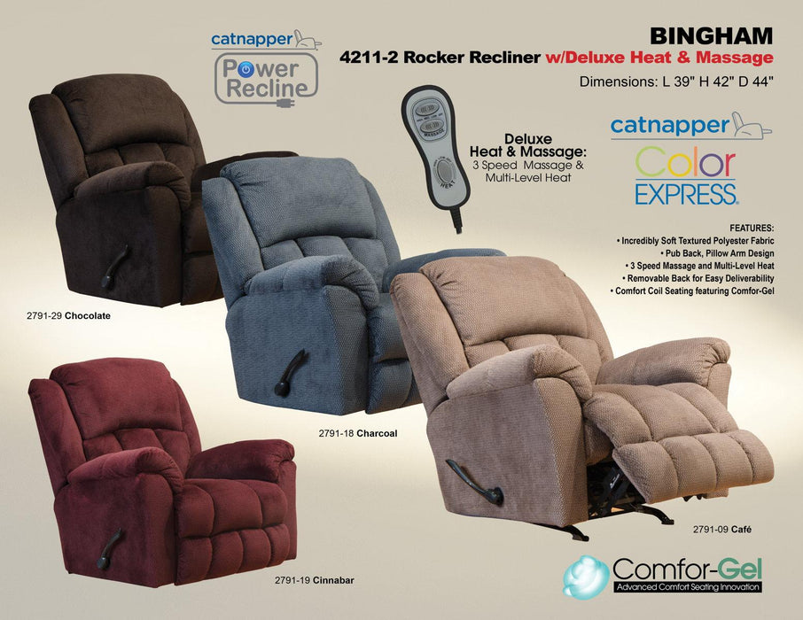 Catnapper Bingham Rocker Recliner w/Deluxe Heat & Massage in Cafe 4211-2 - Factory Furniture Outlet Store