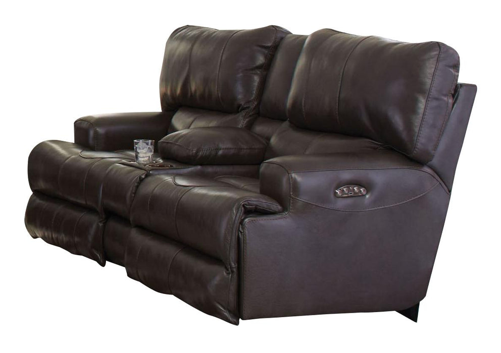 Catnapper Wembley Power Headrest w/ Lumbar Lay Flat Reclining Console Loveseat in Steel - Factory Furniture Outlet Store