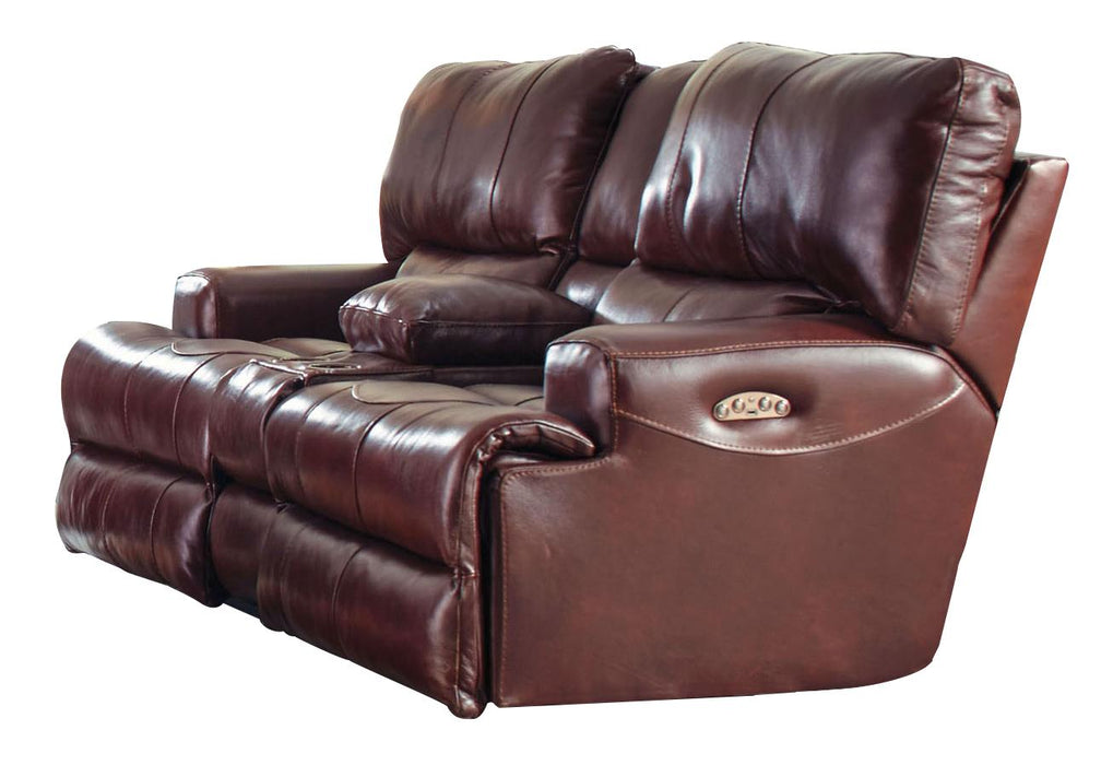 Catnapper Wembley Power Headrest Lay Flat Reclining Console Loveseat in Walnut - Factory Furniture Outlet Store